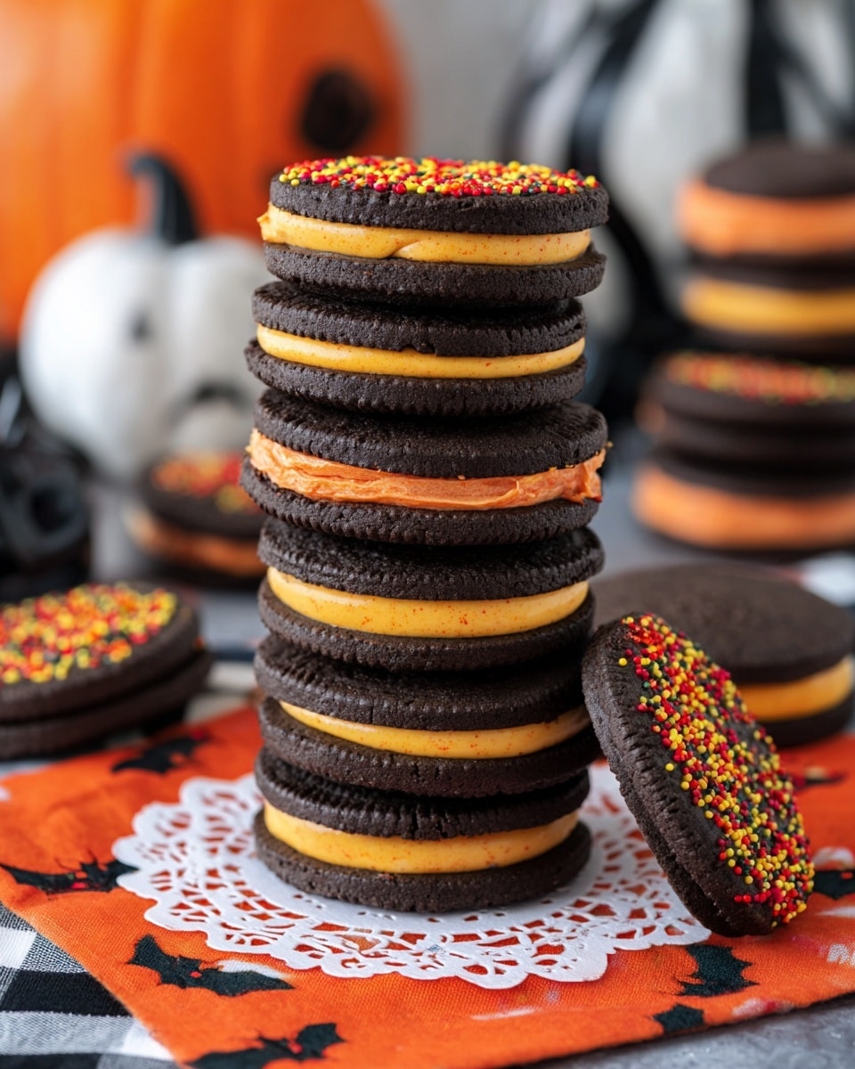A tall stack of six dark black sandwich cookies with three different fillings is placed on a small white doily on top of an orange cloth with black bat prints and a black and white checkered cloth underneath. The cookies have two kinds of fillings: a smooth, thick, bright orange layer that looks creamy, and a similar orange layer decorated on the edges with tiny round sprinkles in yellow, orange, and red. The sandwich cookies are thick and have a matte texture. Around the stack, there are more of these cookies on a white marbled surface, some standing alone. The background includes blurred Halloween decorations in orange, black, and white colors. The overall look is festive and neat. photo taken with an iphone --ar 4:5 --v 7