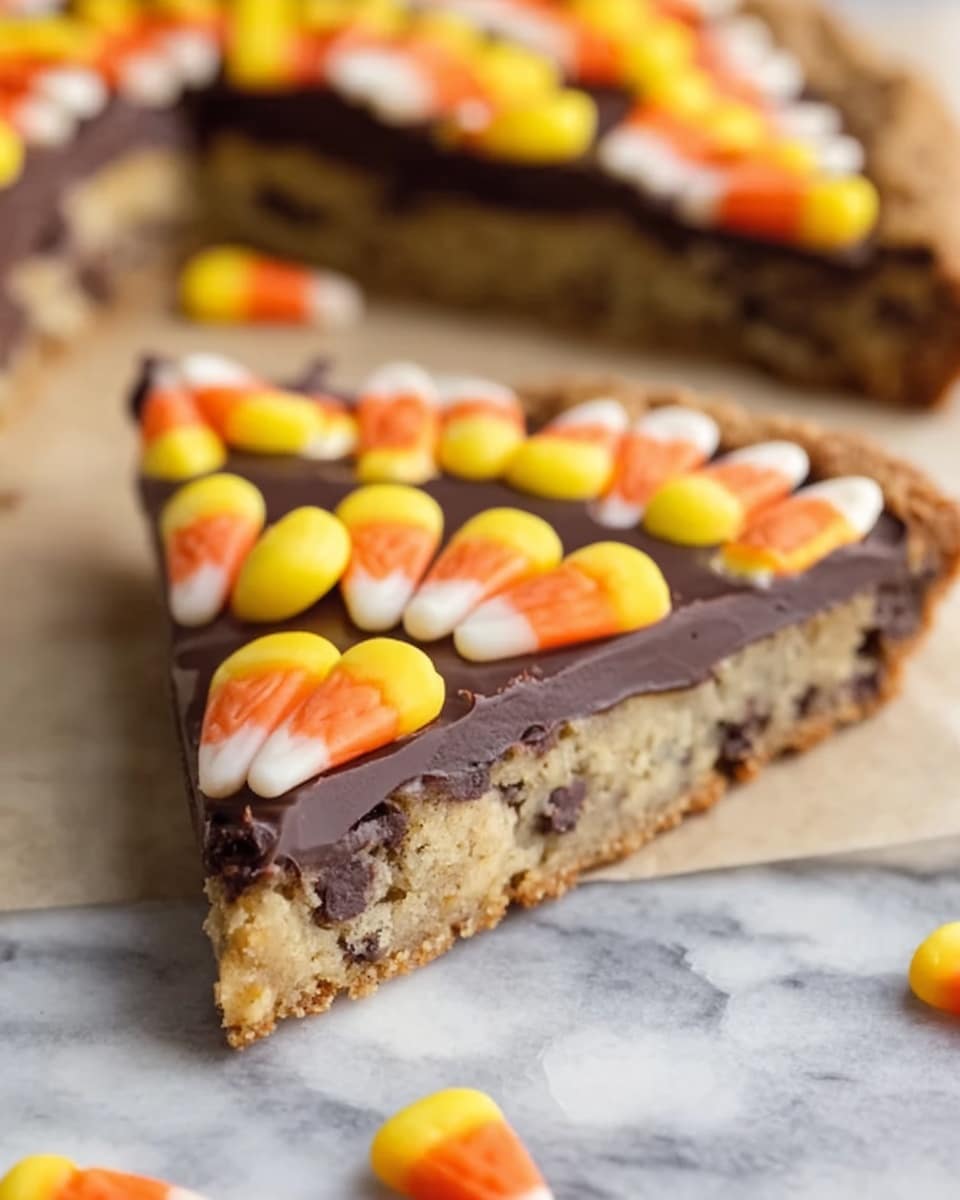 A round cookie base with a golden-brown texture and visible chocolate chips forms the bottom layer, topped with a smooth layer of dark chocolate spread evenly across the surface. Candy corn pieces arranged in a circular pattern decorate the chocolate layer, each piece showing distinct yellow, orange, and white stripes. One slice is partly pulled out from the cookie, showing the thickness of both the cookie and chocolate. The cookie rests on white parchment paper over a white marbled surface. photo taken with an iphone --ar 4:5 --v 7