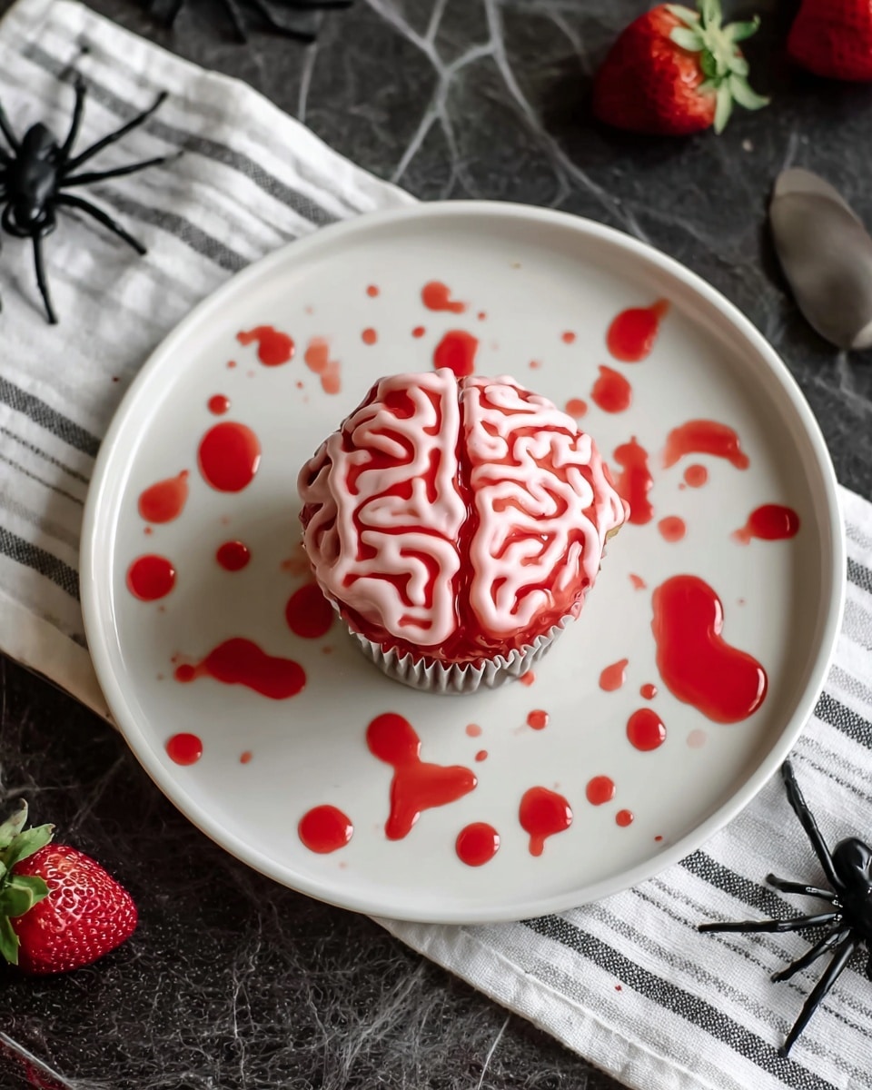 A single cupcake sits in the center of a white plate, decorated to look like a brain with two halves. The top of the cupcake is covered in shiny red icing with squiggly pale pink lines outlining the brain’s folds. Around the cupcake on the plate, there are many drops of bright red sauce that look like splatters. The plate is placed on a dark textured surface with some fresh strawberries nearby and a black spider decoration next to a white cloth with gray stripes. Photo taken with an iphone --ar 4:5 --v 7