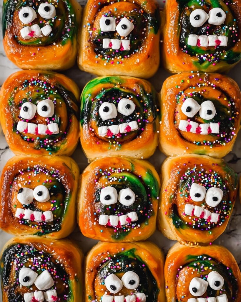 Halloween Orange Cinnamon Roll Recipe with Black Filling and Green Frosting Recipe