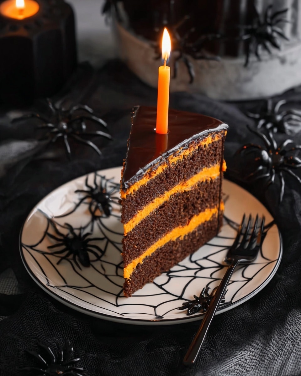 A slice of layered cake with four visible layers alternating between dark brown chocolate and bright orange filling, topped with a smooth dark chocolate glaze. A lit orange candle stands in the center of the cake slice. The cake sits on a white plate decorated with black spider and web designs, with a black fork placed to the right side of the slice. The background features a dark textured cloth with spider ornaments scattered around, all resting on a white marbled surface. Photo taken with an iphone --ar 4:5 --v 7