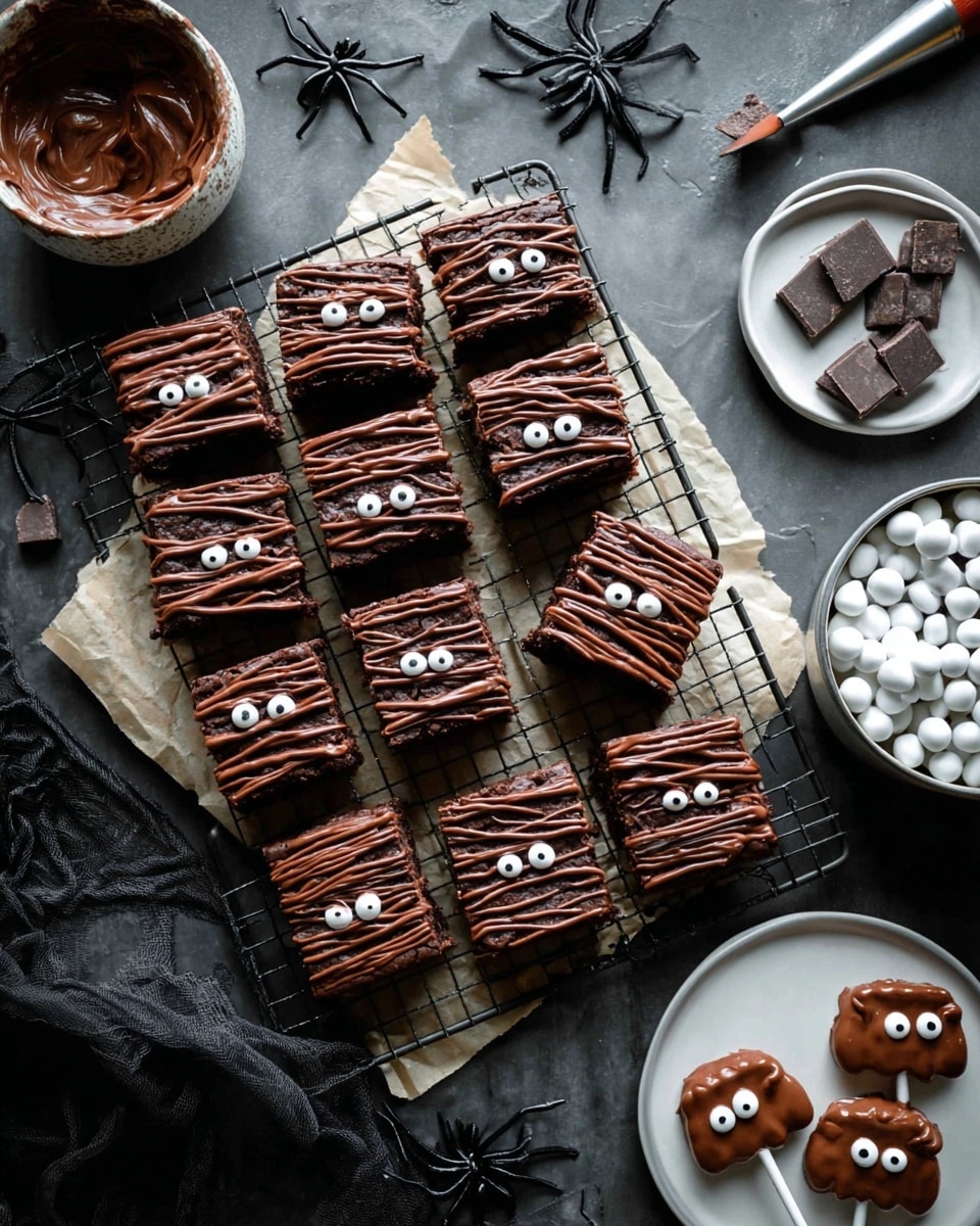 A cooling rack holds 10 square chocolate brownies, each decorated to look like a mummy with a base dark brown brownie layer, topped with wavy, layered dark chocolate frosting strips that create a bandage-like texture spread across the top, and two white candy eyeballs placed near the top edge on each brownie. The rack is placed on beige parchment paper over a dark textured surface with a white marbled texture. Nearby, a white bowl filled with many white candy eyeballs sits in the lower right corner, and a small white plate with chunks of dark chocolate is in the upper left. Another white plate to the right holds two dark chocolate pumpkin-shaped lollipops. A piping bag filled with chocolate frosting is in the foreground. Several black plastic spider decorations scatter around the setup. Photo taken with an iphone --ar 4:5 --v 7