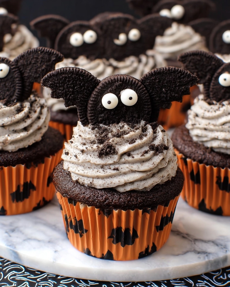 A chocolate cupcake with an orange wrapper that has black spooky ghost prints sits on a white marbled surface decorated with a black spider web cloth underneath. The cupcake has one layer of smooth, thick gray and white speckled cream swirled on top. On the cream, there is a dark chocolate sandwich cookie standing up in the middle with two small round white candy eyes, and two chocolate triangles on top of the cookie to look like ears. Two half sandwich cookies are placed on each side of the middle cookie, sticking out like wings. The background is softly blurred with dark colors and more cupcakes visible. Photo taken with an iphone --ar 4:5 --v 7