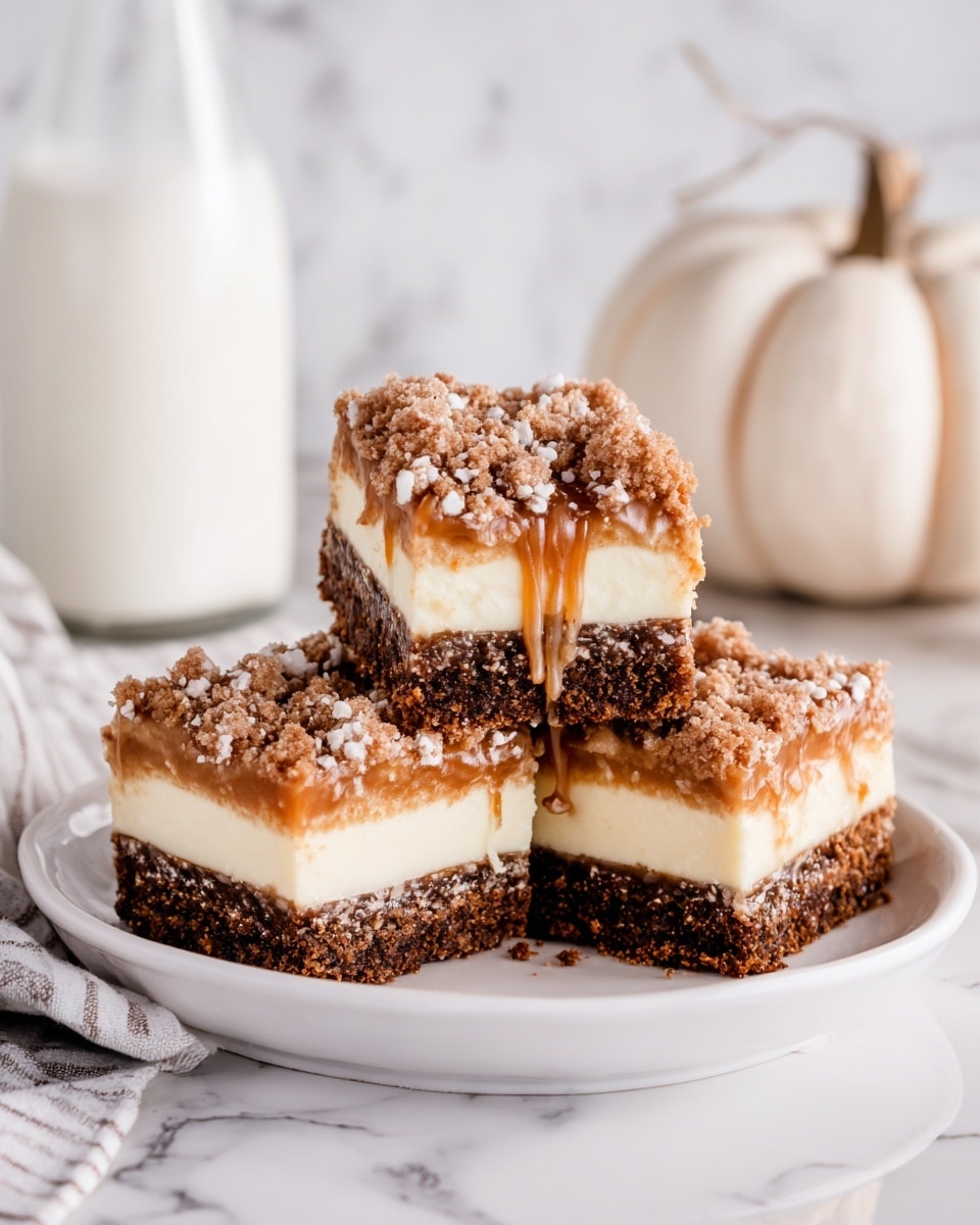 The image shows three square dessert bars stacked on a white plate placed on a white marbled surface. Each bar has three layers: a dark crumbly bottom layer, a thick creamy white middle layer, and a light brown top layer with a crumbly texture. The top is drizzled with a shiny caramel-colored sauce and lightly dusted with powdered sugar or crumbs. The bars are arranged with two on the bottom and one balanced on top, creating a small pyramid shape. A glass bottle filled with white liquid and a small white pumpkin are blurred in the background. photo taken with an iphone --ar 4:5 --v 7