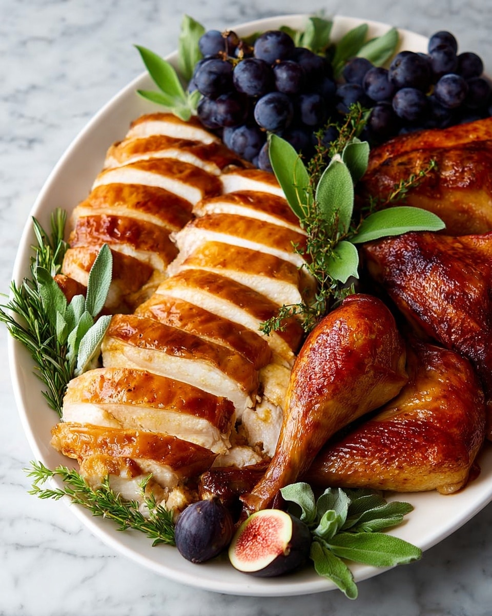 A white oval plate holds neatly arranged slices of golden-brown roasted chicken layered in two rows in the center. To the left and right of the slices are whole roasted chicken legs and wings, showing shiny, crispy skin with a rich reddish-brown color. At the back of the plate, a bunch of dark purple grapes adds contrast, while a few green fresh herbs, including rosemary and sage, are placed on top and around the chicken. A single fresh fig is resting near the front edge of the plate. The plate sits on a white marbled surface. photo taken with an iphone --ar 4:5 --v 7