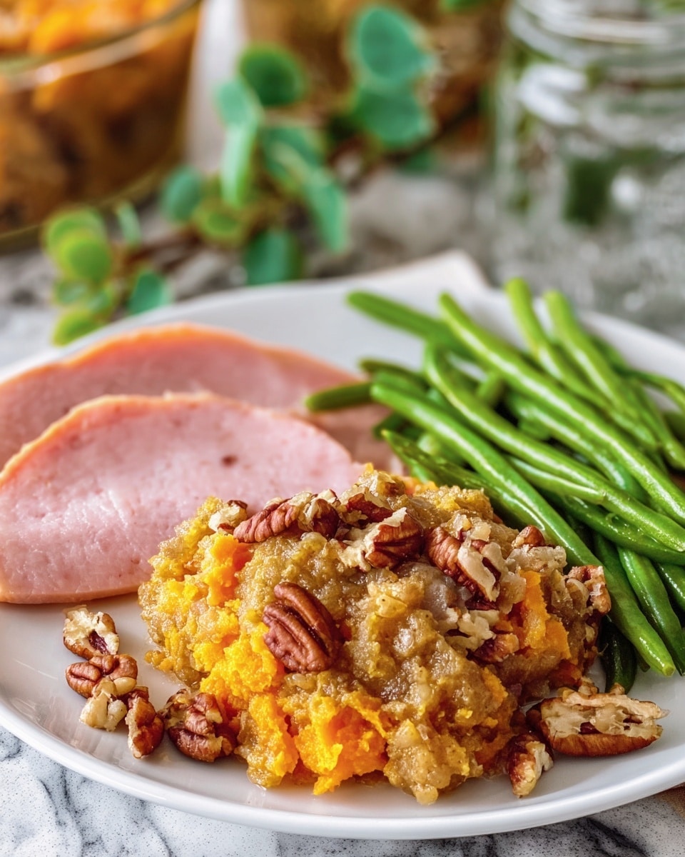 A white plate on a white marbled surface holds a meal with three main parts: green beans, slices of ham, and a serving of sweet potato casserole. On the back right side of the plate, there is a bunch of cooked green beans, bright green and smooth. To the left of the green beans, there are two round, pink slices of ham stacked slightly on top of each other with a slight shine. In the front, covering almost half the plate, is the sweet potato casserole with a rough texture and yellow-orange color mixed with brown pecans on top, adding a chunky texture. The pecans are scattered unevenly, and the casserole looks soft but firm. In the background, there are some blurred green leaves and glass jars. Photo taken with an iphone --ar 4:5 --v 7