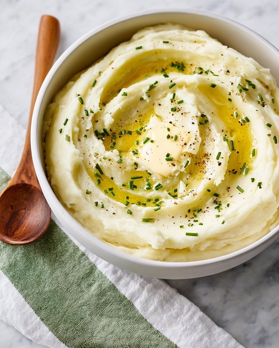 A white round bowl filled with creamy mashed potatoes, smooth and swirled in three visible layers. On top, there is a melting pat of butter in the center with a light yellow shine from melted butter pooled around it. Small green chives are sprinkled evenly over the potatoes, along with a few specks of black pepper. The bowl sits on a white marbled surface with a green and white striped cloth and a wooden spoon placed nearby. Photo taken with an iphone --ar 4:5 --v 7