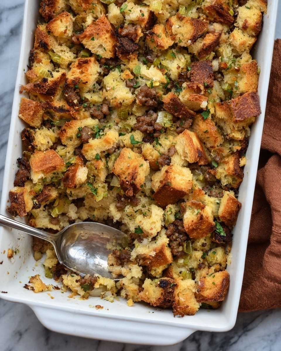 The image shows a white rectangular baking dish filled with a layered stuffing made from toasted bread pieces that are golden brown with some darker toasted spots, mixed with green herbs and bits of browned sausage. The top layer looks crunchy and textured, while underneath the stuffing appears softer and moister. A silver spoon rests in the dish near a section where some stuffing has been scooped out. The dish is set on a white marbled surface, and a brown cloth is visible to the right side. photo taken with an iphone --ar 4:5 --v 7