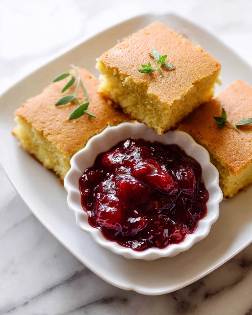 The image shows a white dish with three square pieces of light brown cake, each topped with a small sprig of green herb. Next to the cakes is a small white fluted bowl filled with thick, bright red fruit jam with visible fruit chunks, creating a glossy texture. The dish sits on a white marbled surface. photo taken with an iphone --ar 4:5 --v 7