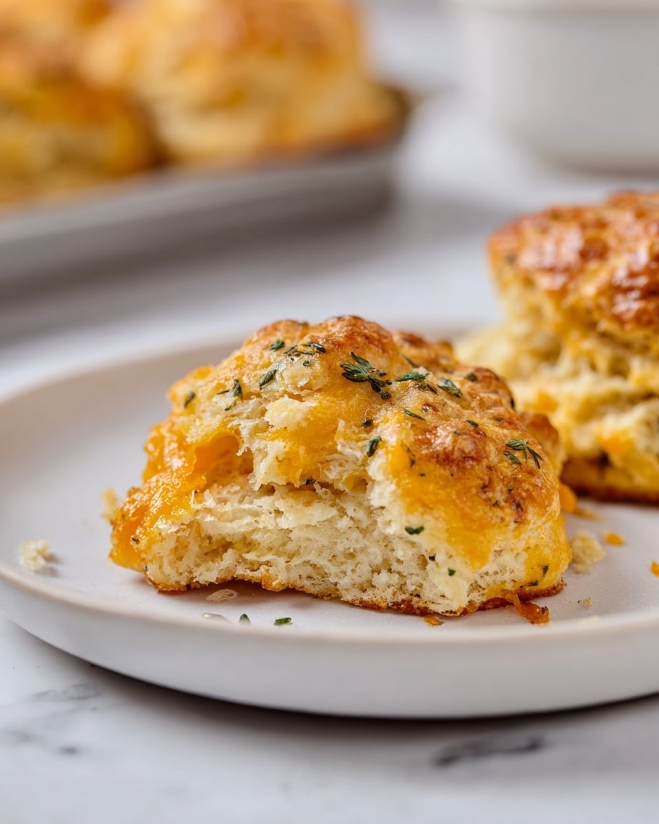 A close-up of a biscuit on a white plate, showing two layers: a golden, soft inner layer with a crumbly texture, and a top layer that is slightly browned with melted cheese and herbs scattered over it, giving a textured and slightly crisp look; crumbs are visible around the biscuit on the plate. The background is a white marbled surface with a blurred look of another biscuit and a baking pan. Photo taken with an iphone --ar 4:5 --v 7