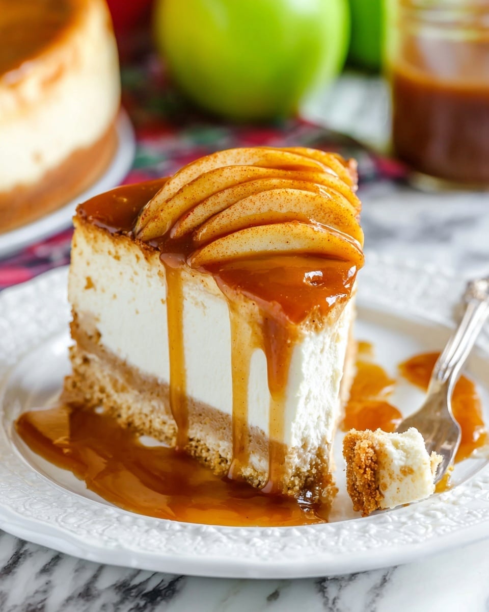 A slice of cheesecake sits on a white plate with a decorative edge, showing four clear layers: a bottom layer of golden crumbly crust, a thin layer of light brown filling or sauce, a thick creamy white cheesecake layer with a slightly speckled texture, and a top layer of caramel-colored apple slices arranged in a fan shape covered with shiny caramel sauce that drips down the sides and pools on the plate. A fork on the plate holds a small bite of cheesecake to the right, and the setting is on a white marbled surface with blurred green apple and jar in the background. Photo taken with an iphone --ar 4:5 --v 7