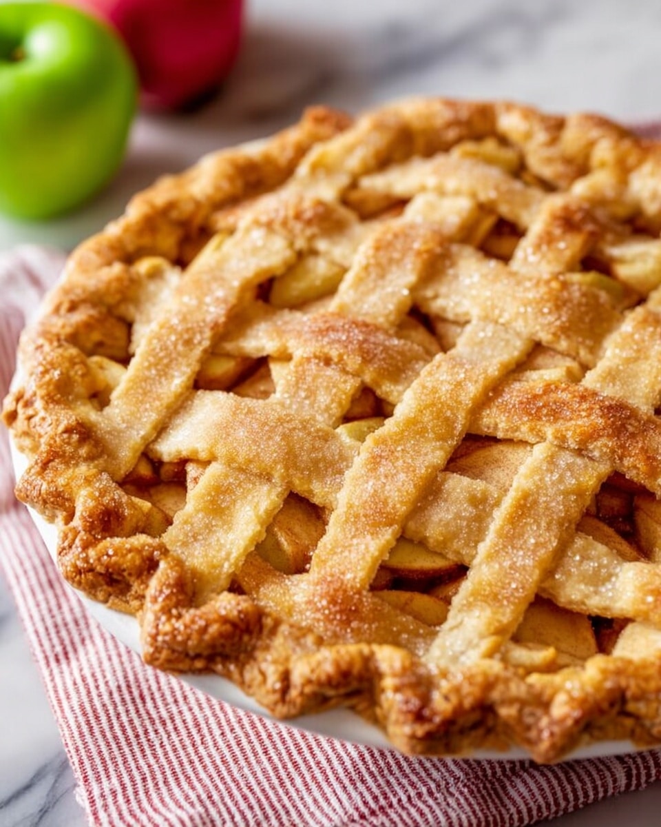 A golden brown lattice apple pie with thick, woven crust strips forming a square pattern over the filling; the crust is flaky and has a slightly shiny, sprinkled sugar texture, with a thicker, braided edge around the pie. The apple filling peeks through the gaps, showing soft, warm beige slices. The pie is on a white plate resting on a white marbled surface, with a red and white striped cloth partly visible underneath and two green and one red apple out of focus in the background. Photo taken with an iphone --ar 4:5 --v 7