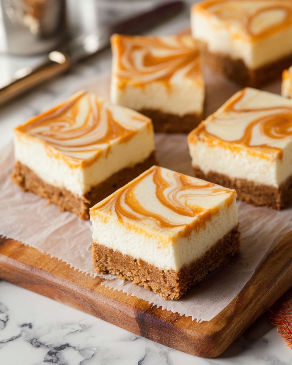 The image shows several square cheesecake bars arranged on a wooden board with parchment paper underneath. Each bar has three layers: a crumbly brown base, a thick creamy white cheesecake middle layer, and a top layer with smooth swirls of orange and white, creating a marbled pattern. The texture of the top layer looks creamy and soft, while the base is crumbly and firm. The background is a white marbled texture with a silver container and a knife visible on the side. Photo taken with an iphone --ar 4:5 --v 7