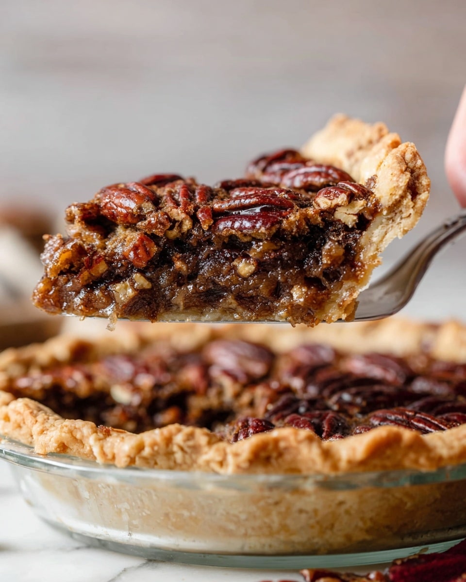 A slice of pecan pie is being lifted from a white clear glass pie dish. The pie has a golden-brown flaky crust with a thick layer of sticky, dark brown filling inside. The filling is generously topped with large, glossy pecans, packed closely together. The white clear glass pie dish below shows more of the pie inside with a similar texture, placed against a white marbled surface. A woman's hand is holding the pie slice gently with a silver pie server. photo taken with an iphone --ar 4:5 --v 7