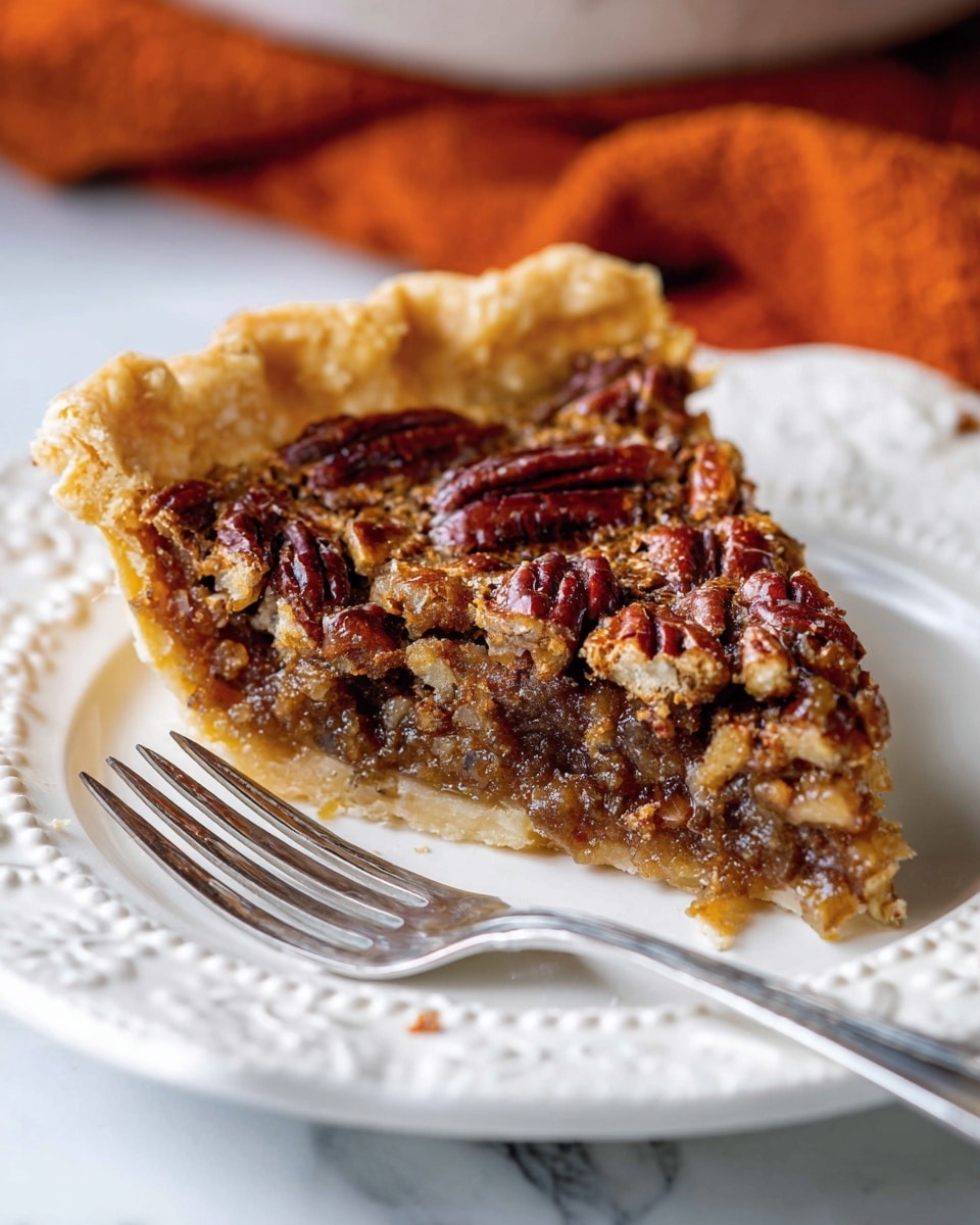 The image shows a slice of pecan pie on a white plate with decorative edges. The pie has a golden-brown crust that looks flaky and thick around the edges. Inside, there is a dense, gooey brown filling with many whole pecans scattered on top, giving a rough texture to the surface. A silver fork lies next to the slice, and the plate is placed on a white marbled surface with a blurred orange cloth in the background. photo taken with an iphone --ar 4:5 --v 7