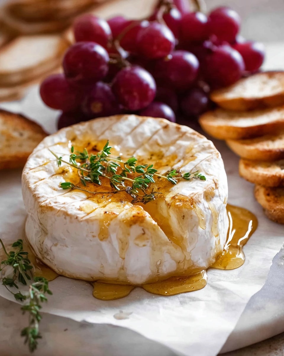 A round white cheese wheel sits in the center on white parchment paper with a light drizzle of golden honey covering the top and sides, topped with a small sprig of green thyme. Behind the cheese, there is a bunch of red grapes, bright and glossy, and several toasted bread slices with a warm brown color arranged casually. The whole scene is set on a white marbled textured surface. photo taken with an iphone --ar 4:5 --v 7