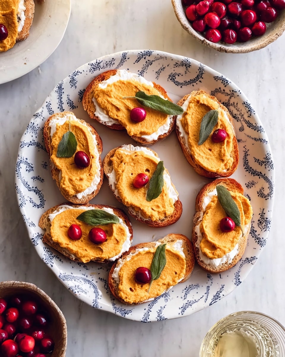 Seven pieces of toasted bread are arranged in a circle on a white plate with a blue-rimmed pattern. Each toast has a base layer of white creamy spread, topped with a thick orange spread that looks smooth and rich. On top of the orange spread, there is one small round red berry and a green leaf placed on each toast, adding a fresh touch. The plate is set on a white marbled surface with a small bowl of bright red berries nearby and a glass partially visible in the corner. Photo taken with an iphone --ar 4:5 --v 7