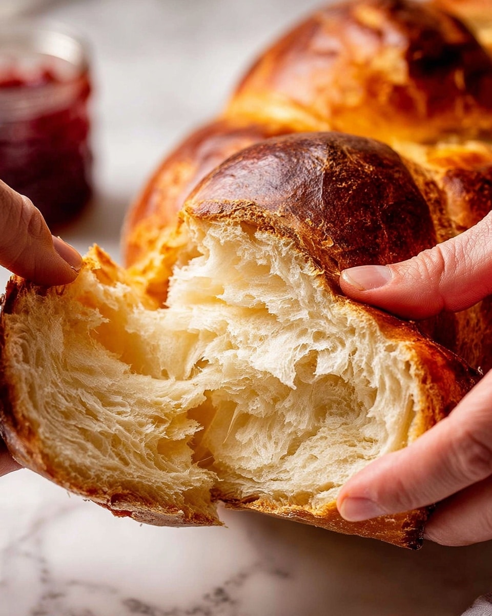 A close-up image of a soft, golden-brown square loaf of bread being pulled apart by two woman's hands. The bread’s inner texture is light yellow, fluffy, and stringy, stretching between the hands in long delicate strands. The crust is thin and slightly shiny with a warm brown color. The background is a white marbled texture with a few small crumbs scattered around. Photo taken with an iphone --ar 4:5 --v 7