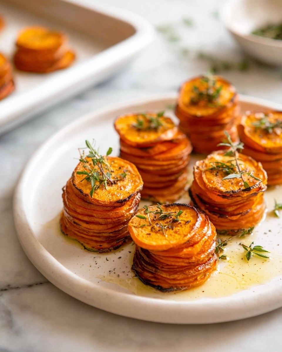 This image shows five small stacks of thin round orange slices, likely sweet potatoes, arranged on a white oval plate placed on a white marbled surface. Each stack is made of about six to eight slices, browned and slightly crispy on the edges, with a shiny glaze on top that looks like oil or butter. Some green herbs, probably rosemary, are sprinkled over the stacks and some whole rosemary sprigs lie on the plate and surrounding surface. The lighting highlights the warm orange and golden-brown colors of the slices, creating a fresh and appetizing look. Photo taken with an iphone --ar 4:5 --v 7