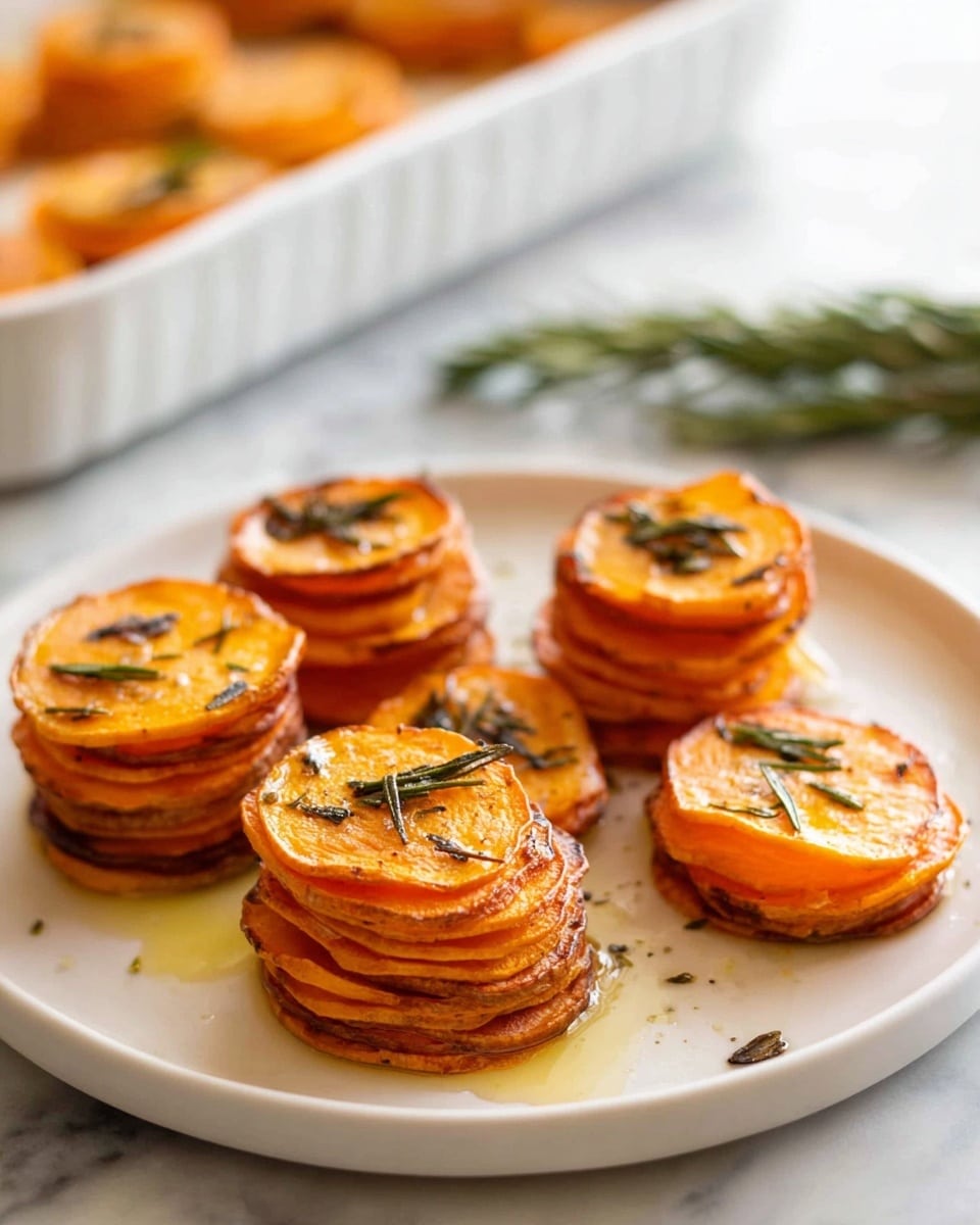 The image shows a white plate with eight small stacks of thin sweet potato slices, each stack having about six to eight layers. The slices are round, orange, and some edges are slightly browned or crisp. There are small green herb pieces scattered on top of each stack and on the plate, possibly rosemary. A light drizzle of oil adds a slight shine to the sweet potato stacks. In the background, a white baking dish with more sweet potato stacks is partially visible on a white marbled surface. Photo taken with an iphone --ar 4:5 --v 7
