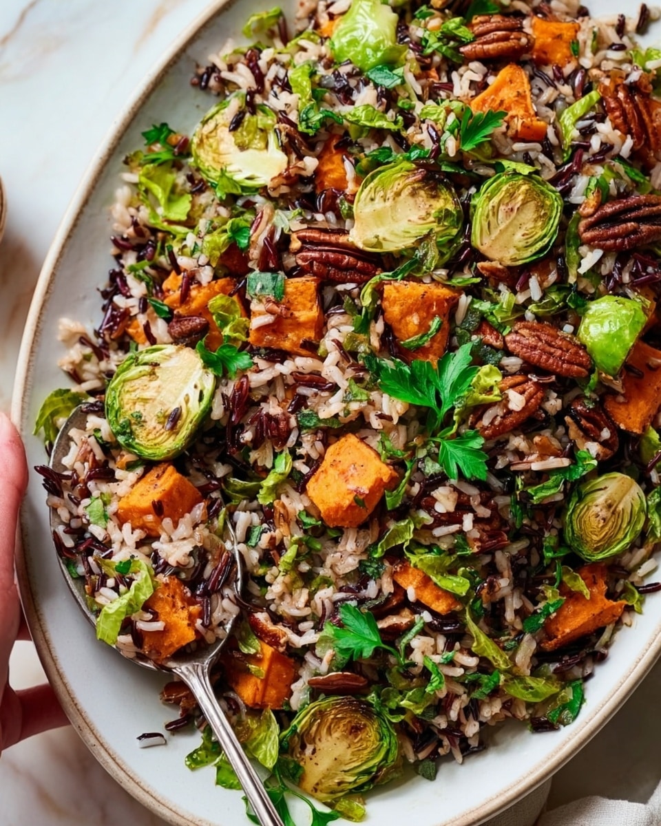 The image shows a close-up of a colorful rice salad served in a white plate on a white marbled surface. The dish has three main layers: a base of mixed wild and white rice with a soft texture and warm, light brown and dark purple colors; scattered pieces of roasted sweet potatoes in bright orange chunks adding a slightly rough texture; and thinly sliced, slightly charred Brussels sprouts leaves with a fresh green color layered on top. The salad is garnished with whole pecans and fresh flat-leaf parsley sprigs, which add dark brown and green accents. A large metallic spoon scoops some of the salad, with a woman's hand holding it. Photo taken with an iphone --ar 4:5 --v 7