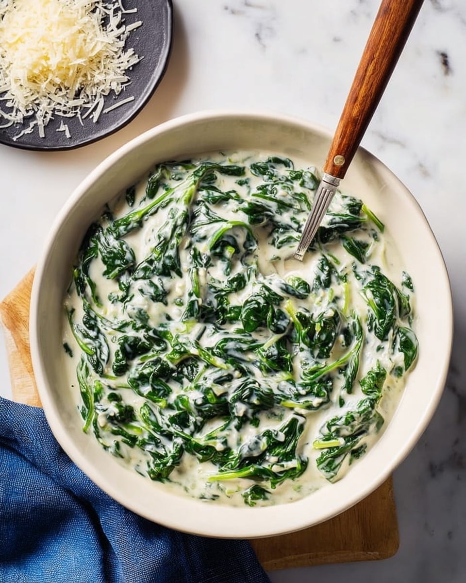 A white bowl filled with creamy spinach dip, showing thick white sauce mixed evenly with bright green cooked spinach leaves. The creamy texture covers the spinach smoothly, with some leaves slightly curled and glossy from the sauce. A spoon with a wooden handle rests inside the bowl touching the mixture. Next to the bowl, there is a small black plate with grated cheese and a blue cloth napkin on a white marbled surface. Photo taken with an iphone --ar 4:5 --v 7
