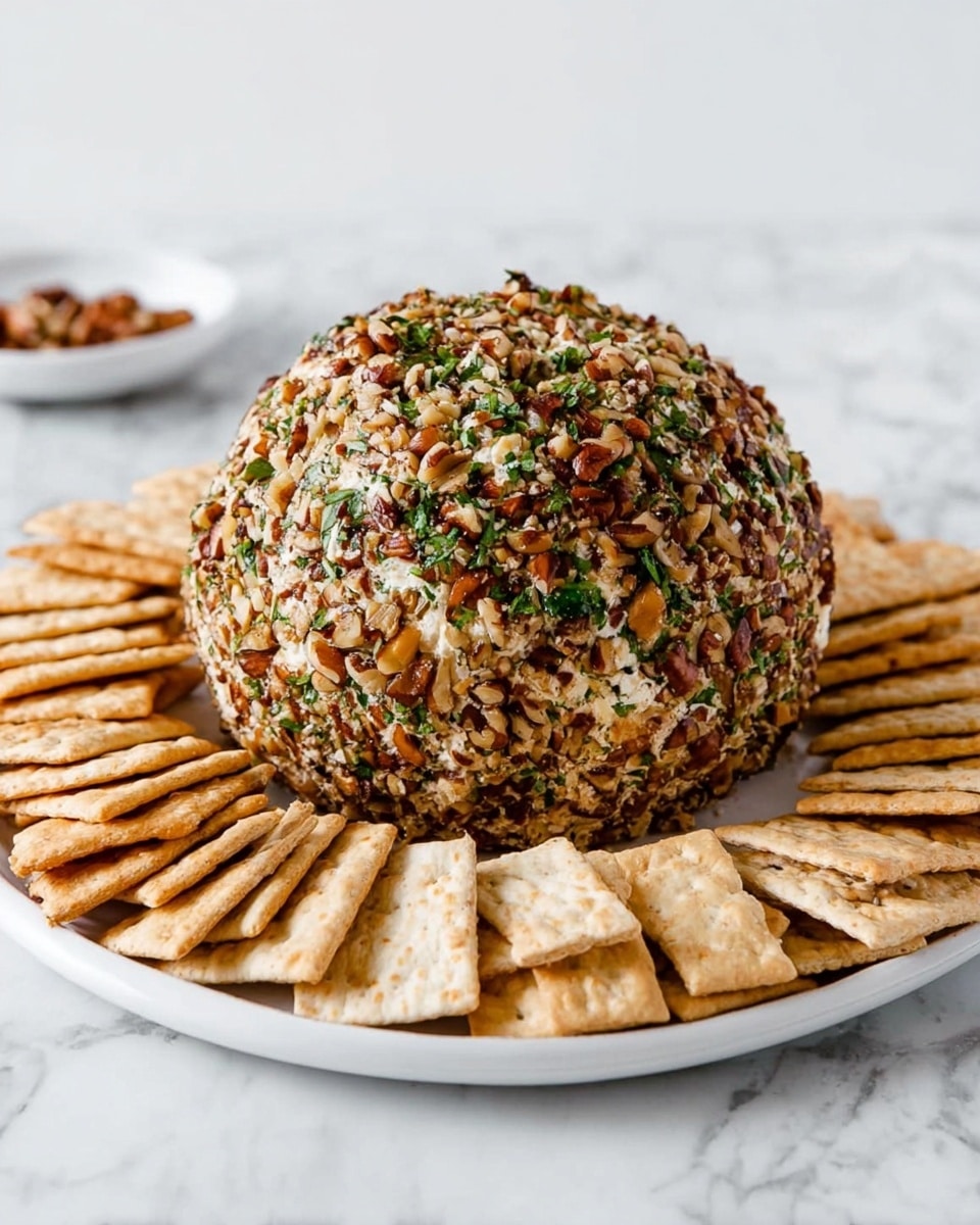 The image shows a large round cheese ball covered with chopped nuts and green herbs, giving it a rough texture with a mix of brown and green colors. It sits in the center of a white plate, surrounded by square tan crackers arranged evenly around it in a single layer. The plate is placed on a white marble surface. The cheese ball looks thick and chunky, and the nuts and herbs stick well on the surface, giving it a natural, rustic look. photo taken with an iphone --ar 4:5 --v 7