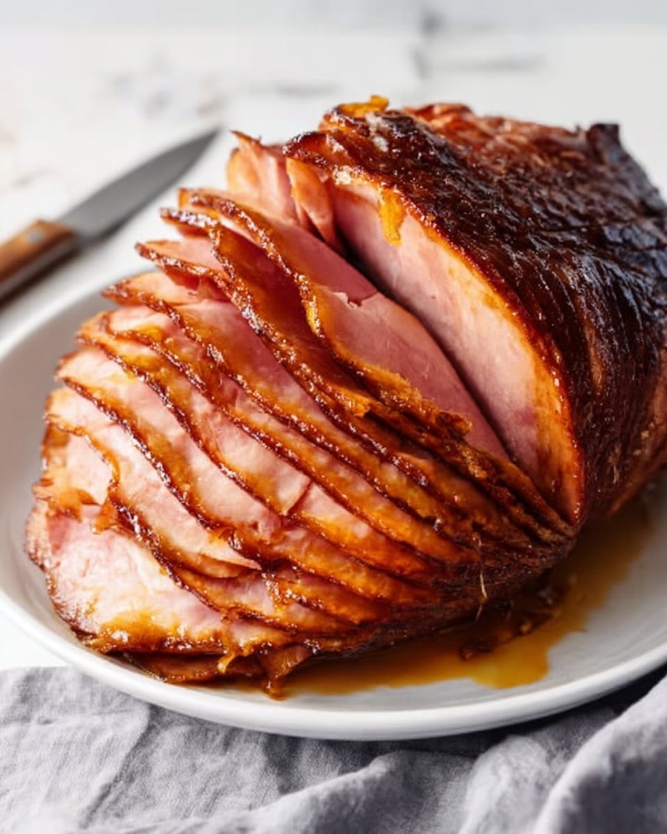 A white plate holds a spiral-sliced cooked ham with a shiny, dark brown glazed surface on the outside and light pink, tender meat on the inside. The ham sits on a white marbled surface with a knife nearby and a grey cloth partially visible on the right side. The ham shows many evenly spaced layers, with the darker glazed edges contrasting against the softer pink slices inside photo taken with an iphone --ar 4:5 --v 7