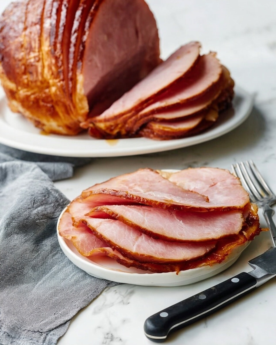 The image shows a sliced ham displayed on a white plate in the background, with several thick slices cut and lying flat, showing a glossy, caramel brown outer layer and a pinkish inner layer. In the front, there is a white round plate with four slices of ham neat and slightly overlapping, the slices reveal a smooth, pink interior with a darker, caramelized edge. A silver fork rests on the right side of the plate, and a black knife with silver rivets is placed on the edge of the white marbled surface in front. A grey cloth napkin is placed in the background near the white plate. The whole scene sits on a white marbled textured surface. photo taken with an iphone --ar 4:5 --v 7