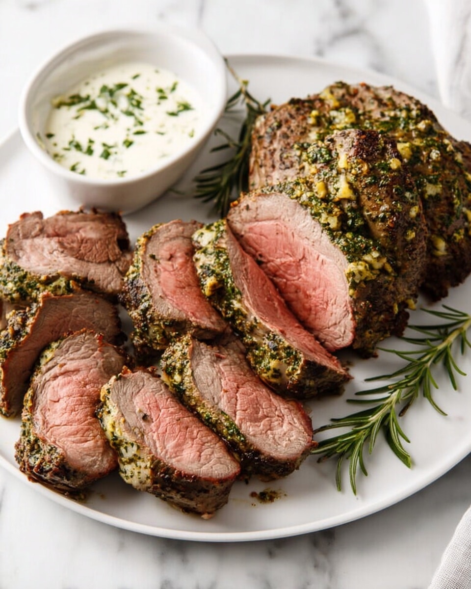 A white plate holds a large piece of cooked meat covered with a green herb and garlic topping, with five slices arranged in front showing a pink, juicy inside and a browned outside. The meat has a rough, textured surface and is garnished with a sprig of fresh rosemary. To the side, there is a small white bowl with a creamy, white sauce sprinkled with chopped green herbs. The plate sits on a white marbled surface. Photo taken with an iphone --ar 4:5 --v 7