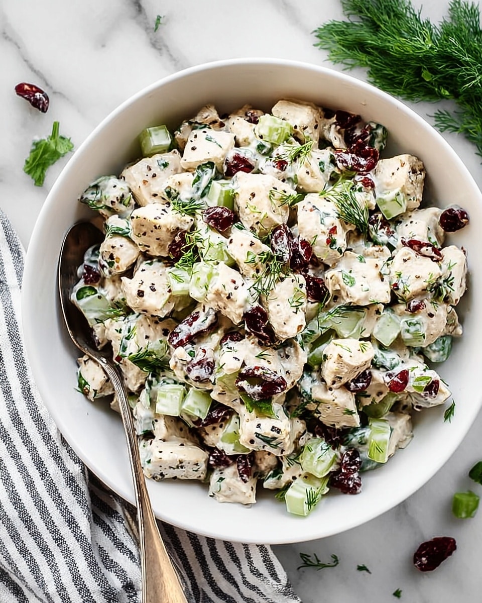 A white bowl filled with a mixed salad made of small white chicken pieces, green celery chunks, dark red dried cranberries, and fresh green herbs, all coated in a creamy white dressing with visible specks of black pepper and dill. A silver spoon rests inside the bowl on the left side. The bowl sits on a white marbled surface with a striped cloth and some green herbs nearby. Photo taken with an iphone --ar 4:5 --v 7