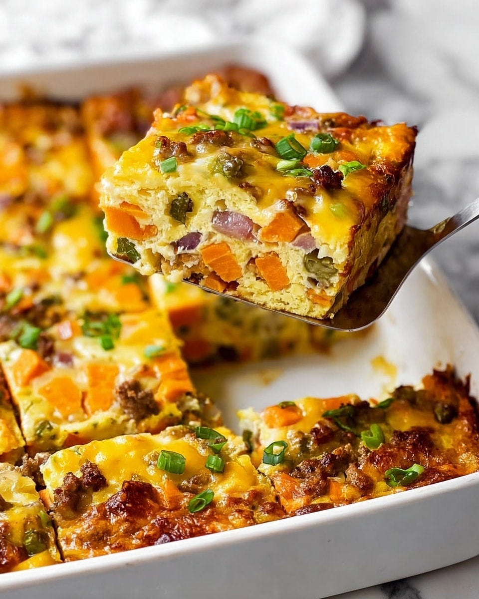 A thick slice of baked casserole is being lifted from a white baking dish with a metal spatula. The casserole is made of several layers including a golden-yellow egg mixture, chunks of orange sweet potato, green vegetable pieces, and browned bits of meat spread evenly throughout. The top is covered with melted cheese in light yellow and white tones, sprinkled with chopped green onions. More pieces of the casserole rest in the baking dish on a white marbled surface. photo taken with an iphone --ar 4:5 --v 7