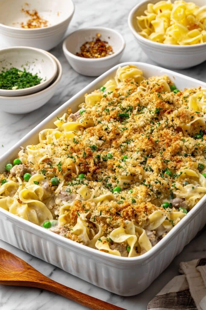 Classic Tuna Noodle Casserole with Parmesan Breadcrumb Topping Recipe