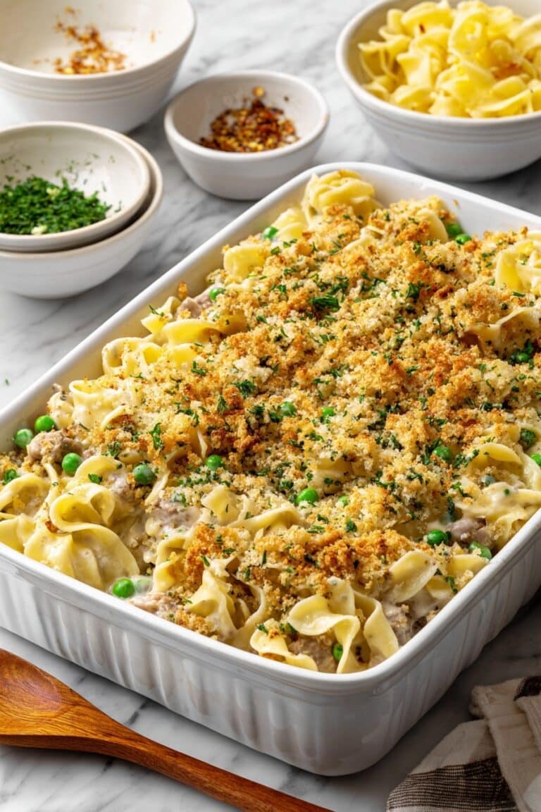 Classic Tuna Noodle Casserole with Parmesan Breadcrumb Topping Recipe