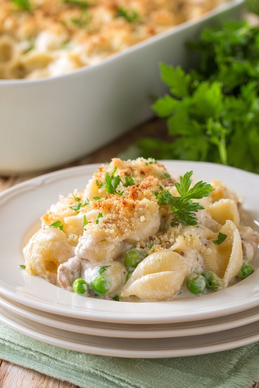 The image shows a white rectangular baking dish filled with a creamy pasta casserole topped with a golden brown crumb crust. The pasta beneath is wide egg noodles, mixed with small green peas and pieces of tender meat, all coated in a thick, light beige sauce. The crispy, toasted crumb layer on top is evenly spread, with a slightly rough texture and some green herb specks. The dish is placed on a white marbled surface, surrounded by various white bowls and plates with small amounts of sauce and spice remnants. A wooden spoon rests in one bowl, showing traces of the creamy sauce. photo taken with an iphone --ar 2:3 --v 7 - Classic Tuna Noodle Casserole, Tuna Noodle Casserole with Parmesan Breadcrumb Topping, Easy Tuna Casserole Recipe, Creamy Tuna Casserole, Comfort Food Tuna Bake