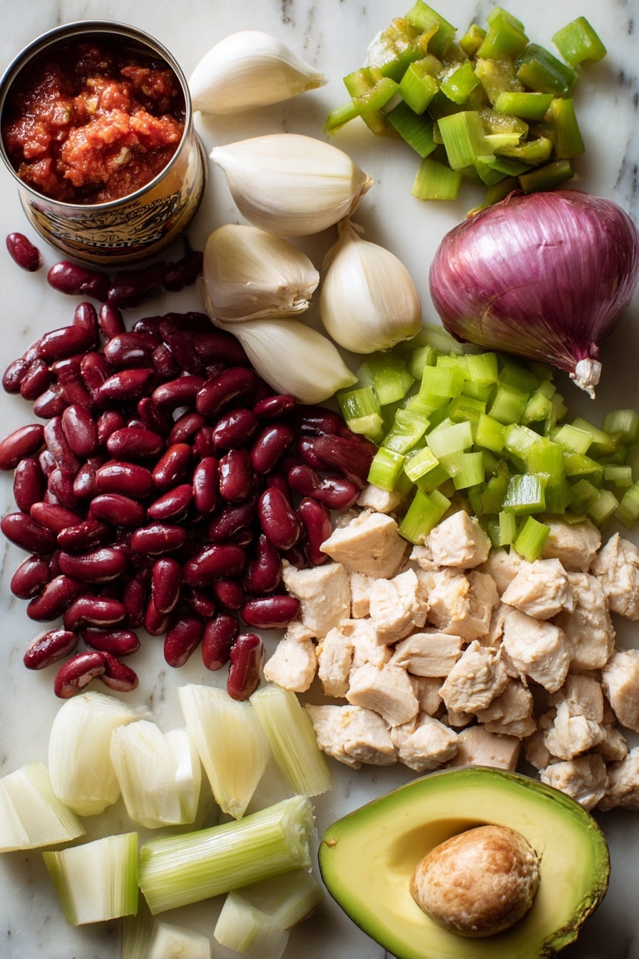 Flat lay of fresh garlic cloves with smooth white skins, a small diced bright green bell pepper, a medium onion showing off its crisp white and purple layers, ripe deep red crushed tomatoes spilling from an open can, plump glossy pinto beans in rich chili sauce, shiny kidney beans with a dark red hue, tender chopped leftover turkey pieces with a light golden-brown texture, vibrant green sliced scallions, and a halved creamy avocado showcasing its pale green flesh, arranged naturally with some spilling over and overlapping, placed on white marbled surface, photo taken with an iphone --ar 2:3 --v 7 - Leftover Turkey Chili, 30-Minute Leftover Turkey Chili, Easy Turkey Chili, Quick Turkey Chili Recipe, Hearty Turkey Chili