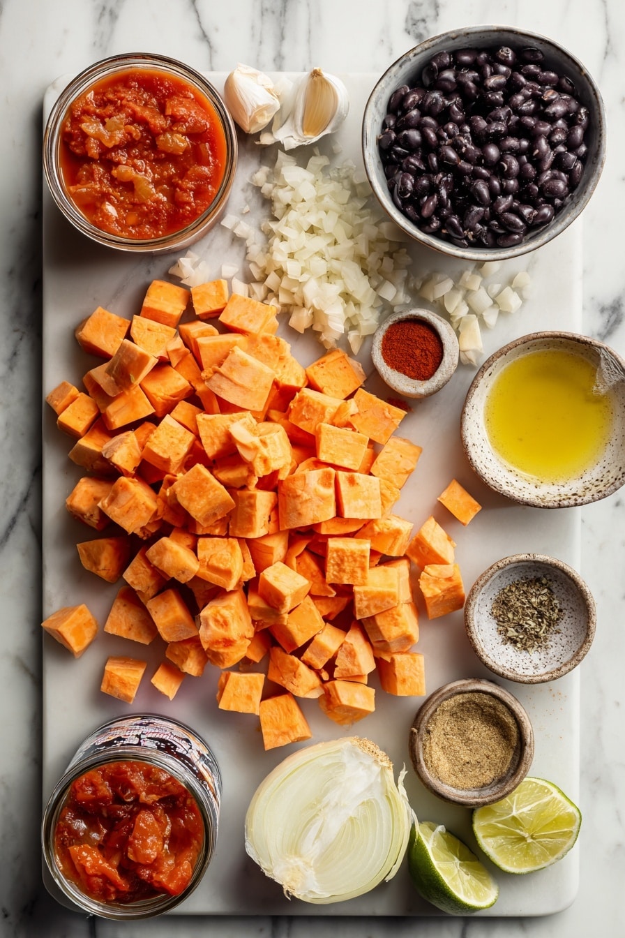 Flat lay of a medium-sized pile of peeled and cubed sweet potatoes, one large chopped onion, three garlic cloves, a small piece of peeled ginger root finely chopped, a small bowl of olive oil, two teaspoons of paprika, a teaspoon of cumin in a small dish, one can of black beans with some beans spilled out, one can of fire roasted tomatoes with tomatoes visible, a bowl of vegetable broth, and half a fresh lime cut into wedges placed on a white marble surface, photo taken with an iphone --ar 2:3 --v 7 - Sweet Potato Black Bean Soup, healthy vegan soup, easy vegetarian dinner, hearty fall soup, plant-based comfort food