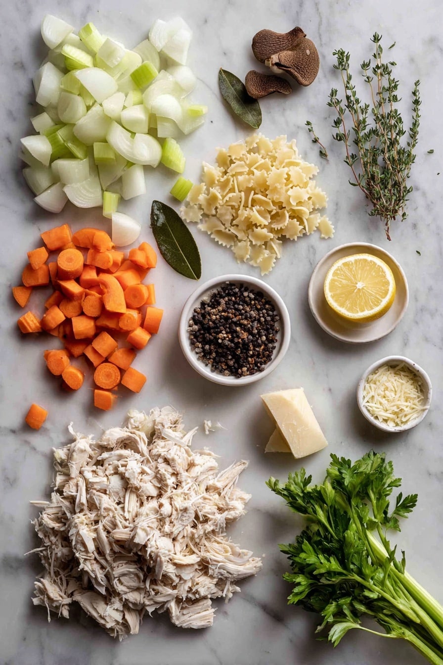 Flat lay of two medium diced onions with half finely chopped, four carrots split between large chunks and small diced pieces, four celery stalks cut into large and small chunks, a small pile of dried porcini mushrooms, a single bay leaf, four sprigs of fresh thyme, a small mound of parmesan rind pieces, one pressed garlic clove, a small bowl of stelline pasta, a modest heap of shredded cooked chicken, a lemon with zest and wedges, and a small bunch of fresh parsley, all placed on a white marble surface, photo taken with an iphone --ar 2:3 --v 7 - Parmesan Chicken Pastina Soup, cheesy chicken soup, comforting pasta soup, easy Italian chicken soup, homemade pastina soup