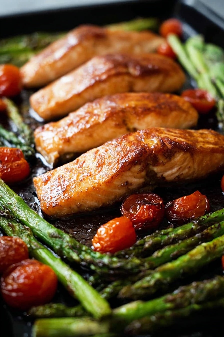 The image shows four golden brown cooked salmon fillets laid side by side on a black tray. The salmon has a shiny, slightly crisp surface. Around the fillets are roasted bright green asparagus stalks with some tips slightly charred. Small, round red cherry tomatoes are scattered throughout the tray, some whole and some lightly softened. The background is out of focus, putting the focus on the salmon and vegetables. photo taken with an iphone --ar 2:3 --v 7 - Brown Sugar Broiled Salmon with Roasted Vegetables, healthy salmon dinner, quick salmon recipes, caramelized salmon, easy broiled salmon