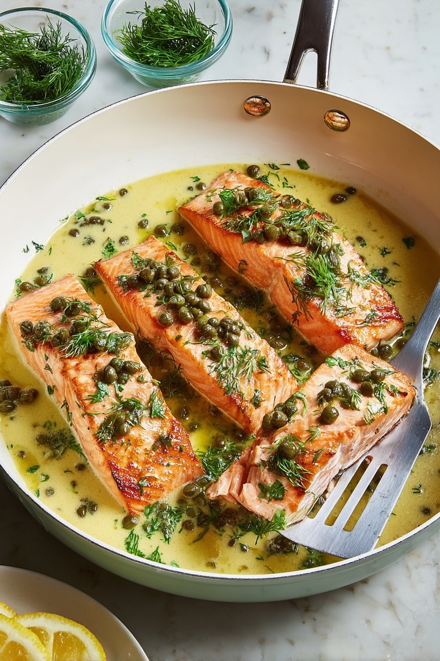 Four pieces of cooked salmon with a pink-orange color and slightly crispy edges sit in a white pan filled with light yellow creamy sauce mixed with green herbs and small dark green capers. Each salmon piece is topped with chopped fresh green parsley and dill. One piece of salmon is being lifted by a silver metal spatula on the right side. The pan is on a white marbled surface, and near the top left corner, there are two small glass bowls—one with green dill and another with capers. In the bottom left corner, there are some lemon wedges on a white plate. photo taken with an iphone --ar 2:3 --v 7 - Salmon Piccata, Lemon Capers Salmon, Easy Salmon Piccata, Quick Salmon Recipes, Bright Flavor Fish Dishes