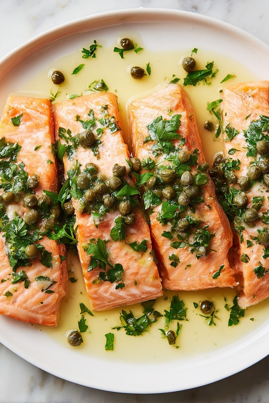 Four pieces of cooked salmon with a light orange color and soft texture are arranged side by side on a white plate. Each salmon piece is topped with bright green herbs and small dark green capers. The plate has a light sauce that is pale yellow with green flecks from the herbs, spreading between and around the salmon pieces. The background is a white marbled surface. photo taken with an iphone --ar 2:3 --v 7 - Salmon Piccata, Lemon Capers Salmon, Easy Salmon Piccata, Quick Salmon Recipes, Bright Flavor Fish Dishes