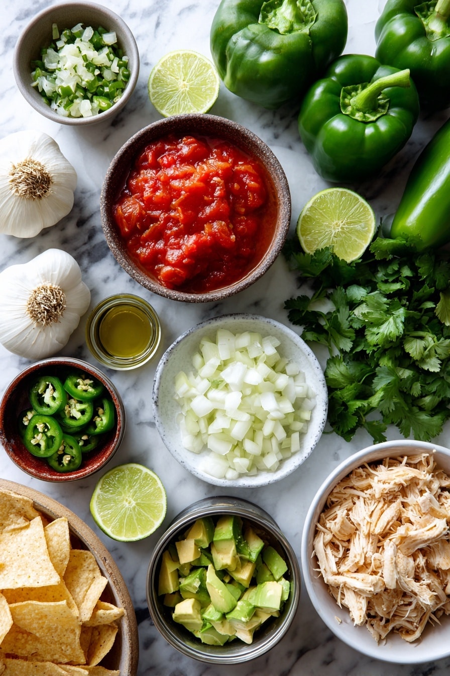 Flat lay of two medium green bell peppers, one whole white onion diced into small pieces in a small bowl, a small bowl of finely diced jalapeños from about two peppers, six peeled garlic cloves scattered, two drained cans of fire roasted tomatoes in rustic bowls, a small bunch of fresh cilantro leaves, several lime wedges and a small cup of freshly squeezed lime juice, a bowl of shredded cooked chicken, and a handful of tortilla chips and cubed avocado nearby for garnish, all placed on a white marble surface, photo taken with an iphone --ar 2:3 --v 7 - Sopa de Lima, Mexican lime soup, easy Mexican soup, chicken lime soup, traditional Mexican recipes