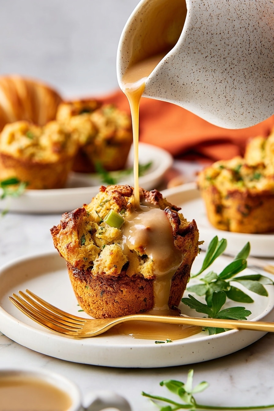 A golden-brown, crispy bread muffin sits in the center of a white plate with a smooth brown gravy being poured over it from a white, speckled ceramic pitcher above, the gravy slowly dripping down the sides and pooling slightly at the base. The muffin shows textured chunks of bread with herbs and small green vegetable pieces visible. A gold fork rests diagonally on the plate next to the muffin. A few fresh green herb leaves are placed near the fork. In the blurry background, there are more bread muffins on another white plate, a pale yellow croissant, and an orange cloth on a white marbled surface. Photo taken with an iphone --ar 2:3 --v 7 - Crispy-Edged Stuffing Muffins, Stuffins, holiday side dishes, savory stuffing muffins, festive stuffing recipes