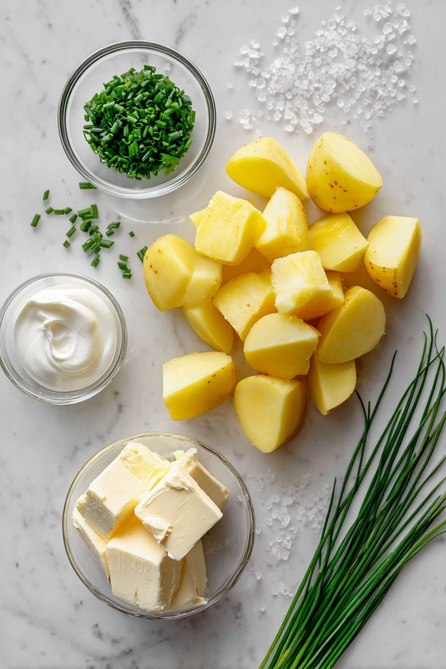 Flat lay of peeled Yukon Gold potatoes cut into chunks, creamy unsalted butter blocks, a small glass bowl of whole buttermilk, fresh bright green chopped chives scattered artistically, coarse kosher salt crystals, and a few whole chives laid out, placed on a white marble surface, photo taken with an iphone --ar 2:3 --v 7 - Buttermilk Mashed Potatoes, creamy mashed potatoes, tangy mashed potatoes, comfort food sides, easy mashed potatoes