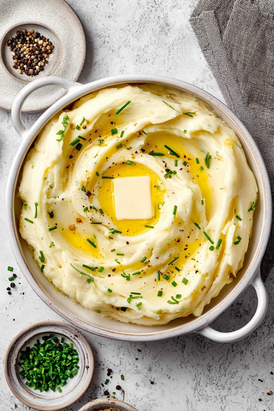 A round white bowl with two small handles holds creamy mashed potatoes swirled in soft peaks. On top, a small square of melting butter sits in the center, surrounded by a pool of bright yellow melted butter. Small chopped green chives are scattered evenly across the surface, along with a few black pepper flakes. The bowl rests on a white marbled surface next to a grey cloth napkin, and nearby are small dishes with more chives and cracked black pepper. Photo taken with an iphone --ar 2:3 --v 7 - Buttermilk Mashed Potatoes, creamy mashed potatoes, tangy mashed potatoes, comfort food sides, easy mashed potatoes