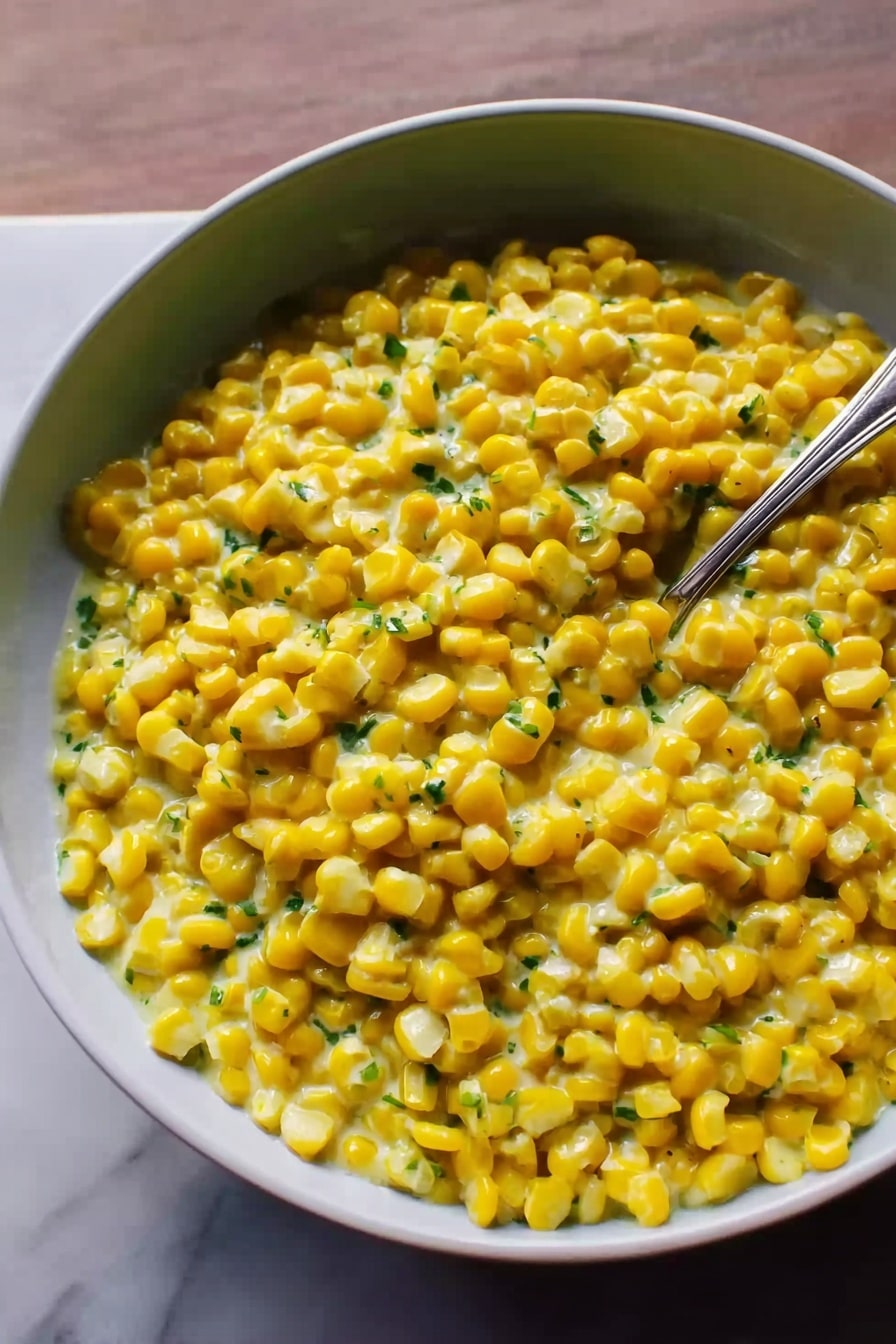 A close-up of a white bowl filled with creamy yellow corn kernels mixed with small bits of green herbs. The creamy sauce appears smooth and thick, covering the corn evenly in a single layer. A silver spoon rests inside the bowl on the right side, and the bowl sits on a white marbled surface. Photo taken with an iphone --ar 2:3 --v 7 - Cilantro-Lime Instant Pot Creamed Corn, creamy corn side dish, easy Instant Pot corn recipe, flavorful creamed corn recipe, zesty lime cilantro corn