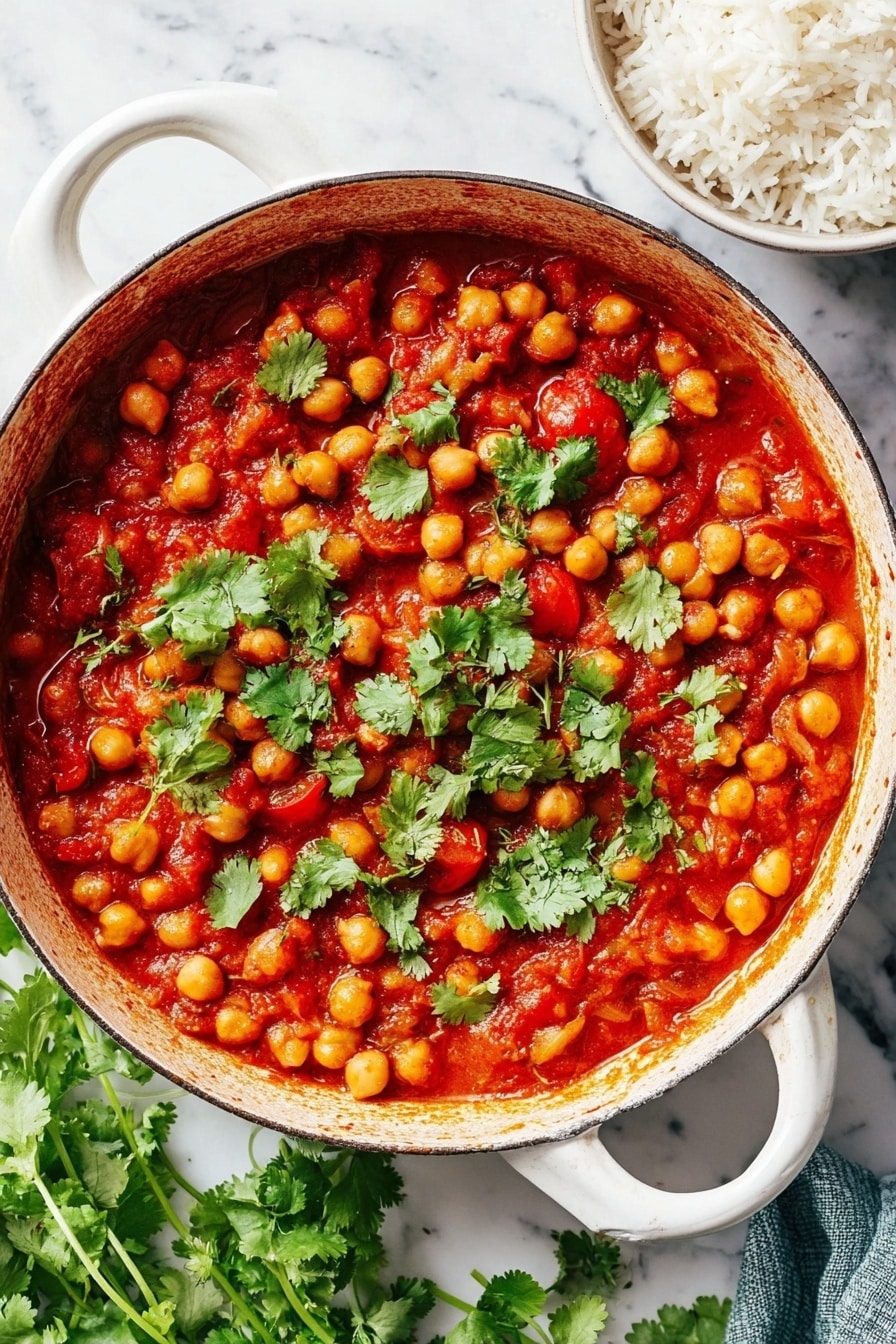 A white cast iron pan filled with a one-layer chickpea stew that has a rich red tomato sauce mixed with visible tomato chunks. The stew is topped with scattered fresh green cilantro leaves. The pan rests on a white marbled surface with some loose cilantro at the bottom left. A small white bowl with cooked white rice is visible on the top right corner. The photo taken with an iphone --ar 2:3 --v 7 - Easy Chickpea Curry, Chana Masala, Indian vegetarian dishes, quick vegetarian dinner, flavorful chickpea curry