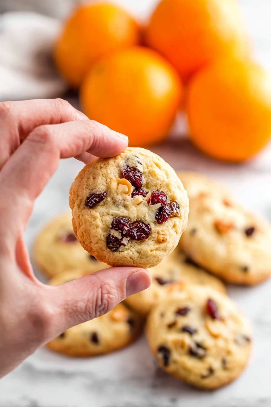 A close-up view of a woman's hand holding a single round cookie that is light golden in color with visible dark red dried fruit pieces and bits of nuts mixed inside. Below the hand, there is a white surface with several more similar cookies scattered and slightly overlapping each other. In the blurred background, three whole bright orange fruits are arranged together. The whole scene is set against a white marbled surface. photo taken with an iphone --ar 2:3 --v 7 - Cranberry Orange Oatmeal Cookies, healthy cranberry orange cookies, chewy oatmeal cookies with cranberries and orange, festive holiday cookies, easy fall cookie recipe