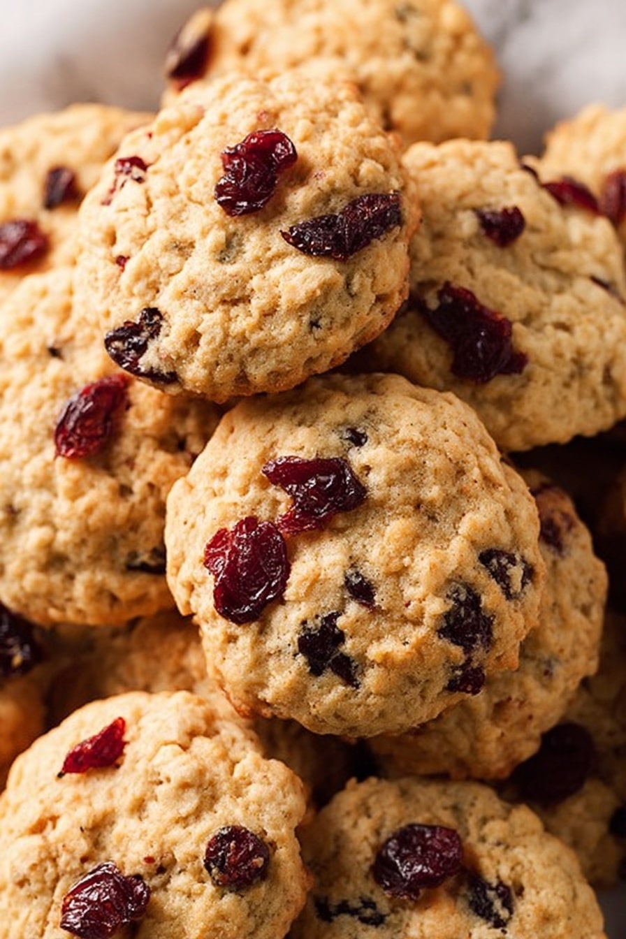 A pile of soft oatmeal cookies with visible dark red dried cranberries mixed throughout each cookie, showing a light golden brown color with a slightly rough texture on top. The cranberries are scattered both on the surface and inside the cookies, adding contrast with their deep red color. The cookies are stacked closely on a white marbled background, filling the frame with a cozy and inviting look. Photo taken with an iphone --ar 2:3 --v 7 - Cranberry Orange Oatmeal Cookies, healthy cranberry orange cookies, chewy oatmeal cookies with cranberries and orange, festive holiday cookies, easy fall cookie recipe