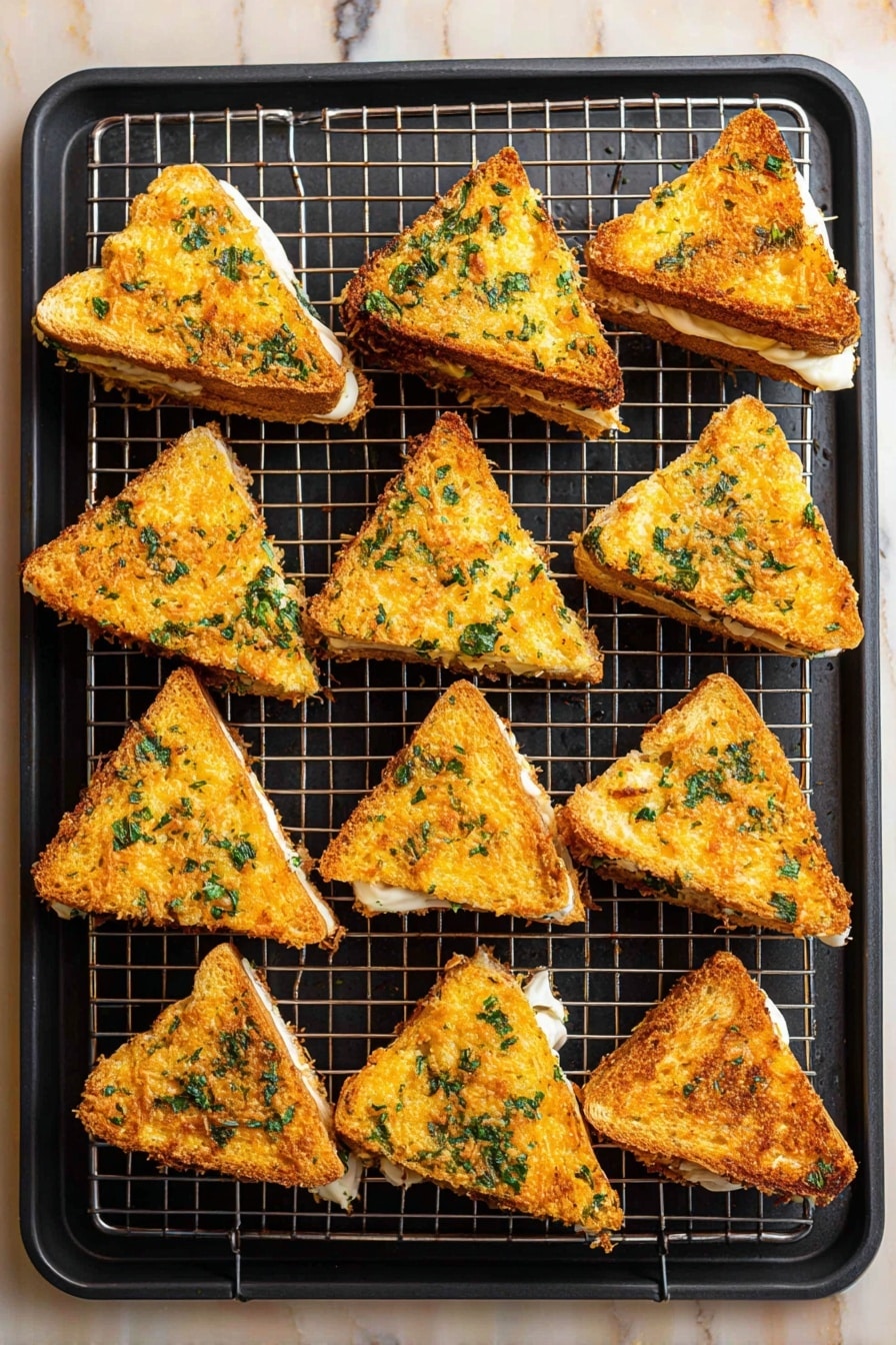 The image shows eleven triangular pieces of crispy, golden-brown sandwiches arranged on a black wire rack over a black baking tray. Each sandwich has a crunchy outer layer with green herb bits scattered on top, giving a textured look. Inside, you can see a creamy white filling peeking out between the two crispy layers. The sandwiches are evenly spaced, and the tray is placed on a white marbled surface. The overall look highlights the crunchy, toasted texture and the fresh green herbs on each sandwich. photo taken with an iphone --ar 2:3 --v 7 - Mozzarella en Carrozza, Italian grilled cheese, crispy mozzarella sandwich, fried mozzarella toast, cheesy Italian snack